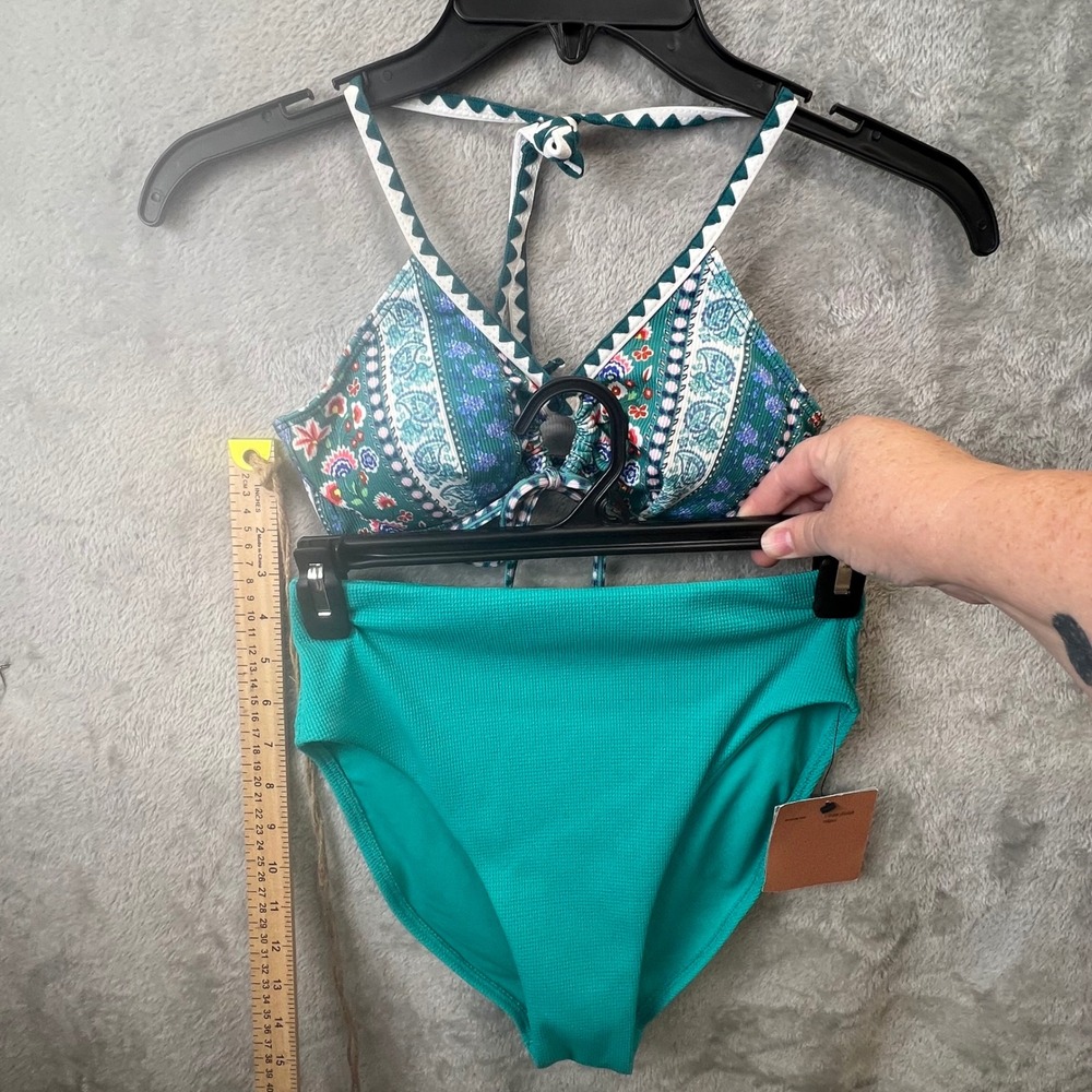 Shade & Shore Teal Paisley Halter Bikini Set High Waisted Ribbed Waffle Knit NEW